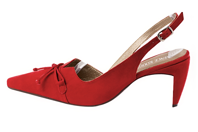Scarlet red women's open back shoes, with a knot. Tapered toe. High comma heels. Profile view - Florence KOOIJMAN